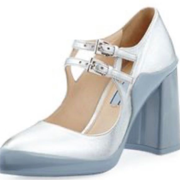 Prada metallic silver leather dual strap mary jane shoes with block heel. - Picture 2 of 14